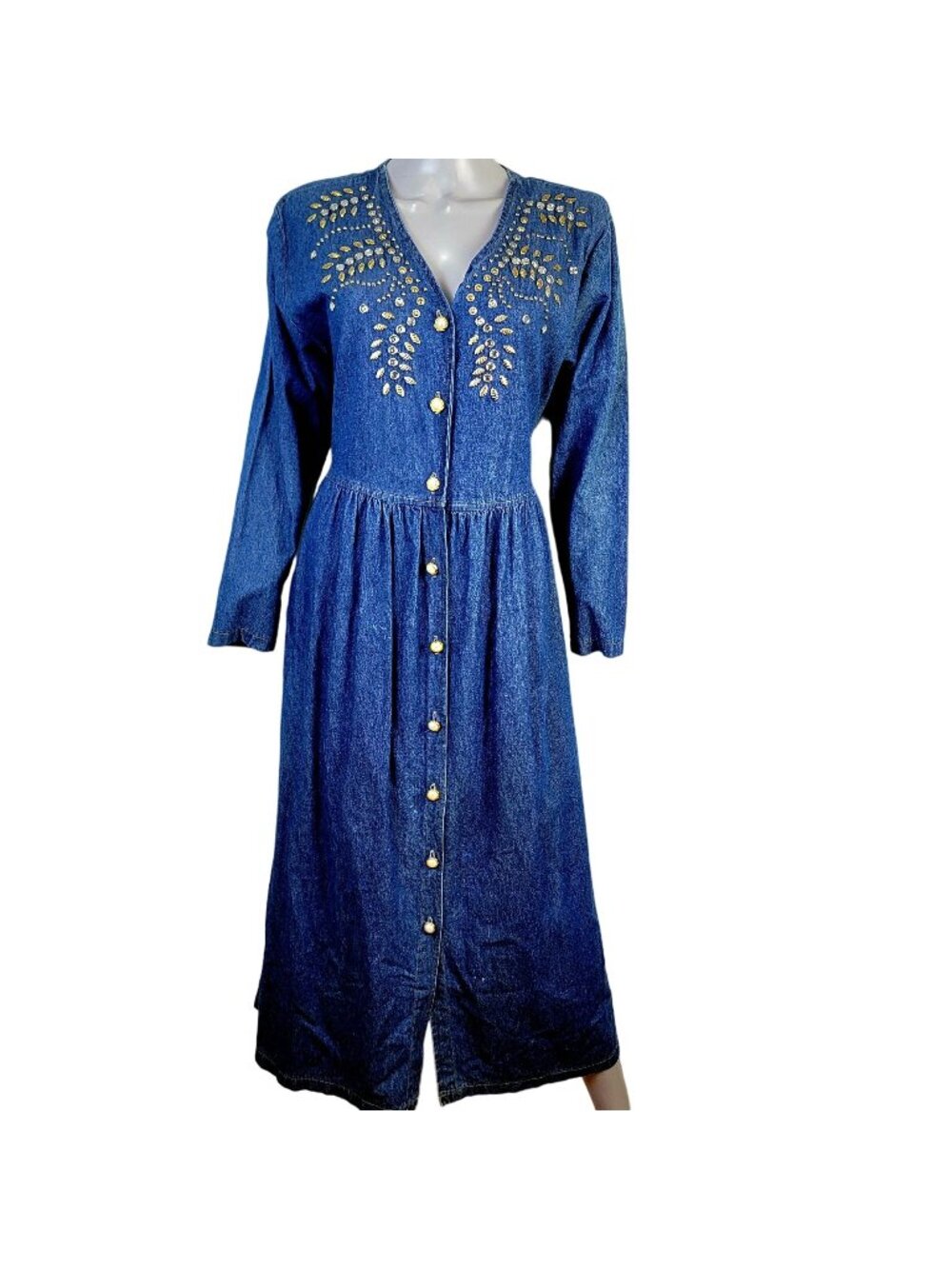 Vintage 90s Denim Midi Dress Women Medium Teacher Embellished Rhinestone 8 10 M